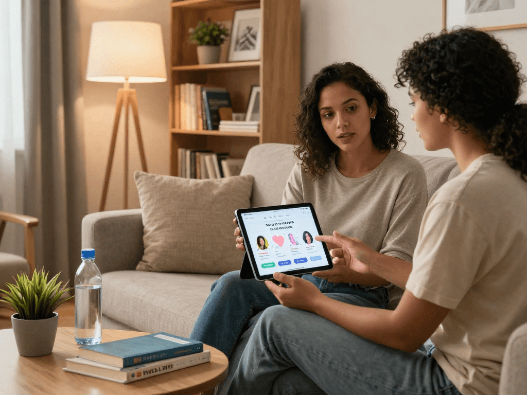 Couple discussing sexual wellness with the sex ai app on a tablet in a cozy living room.