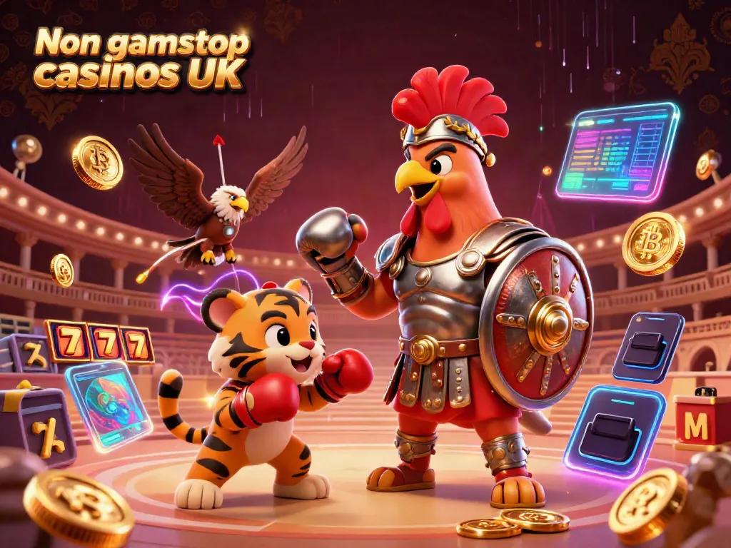 Engaging scene showcasing Non gamstop casinos UK with a gladiator rooster, tiger cub, and eagle surrounded by slot reels and Bitcoin.