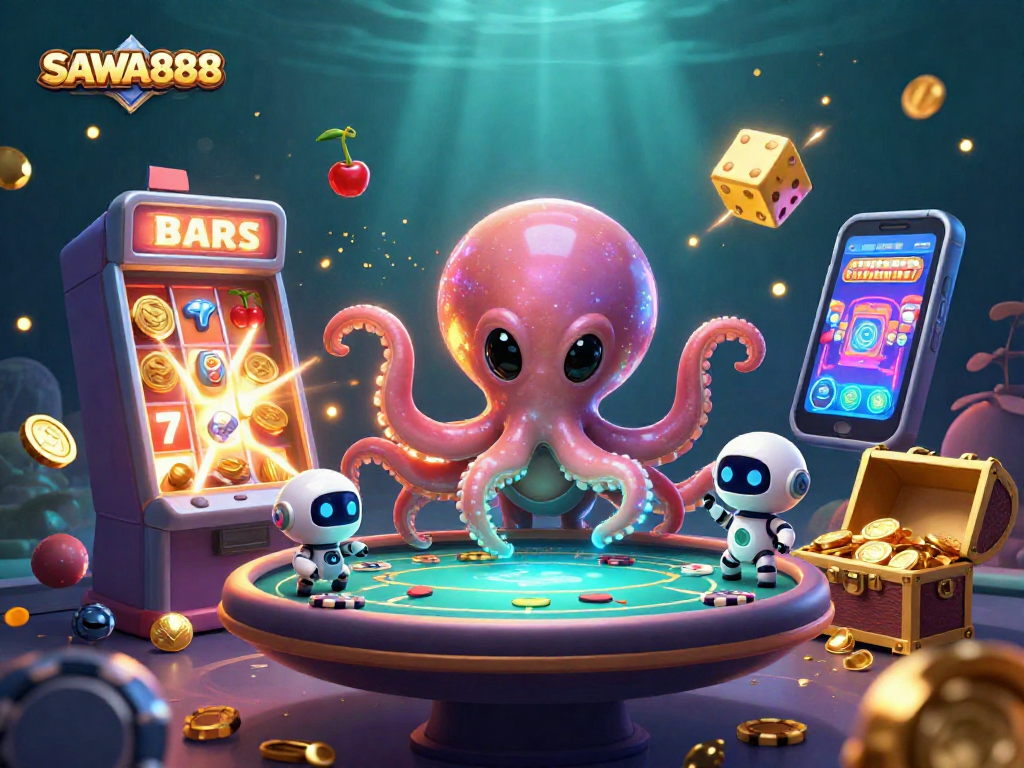 Experience thrilling gameplay at SAWA888 with a vibrant casino scene featuring alien characters, slot machines, and poker tables.
