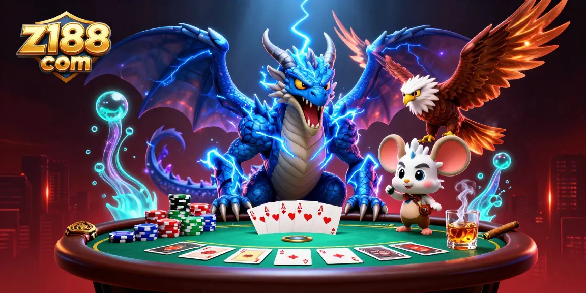 Play on z188 com with a thunder dragon and glowing hawk in a vibrant poker scene.