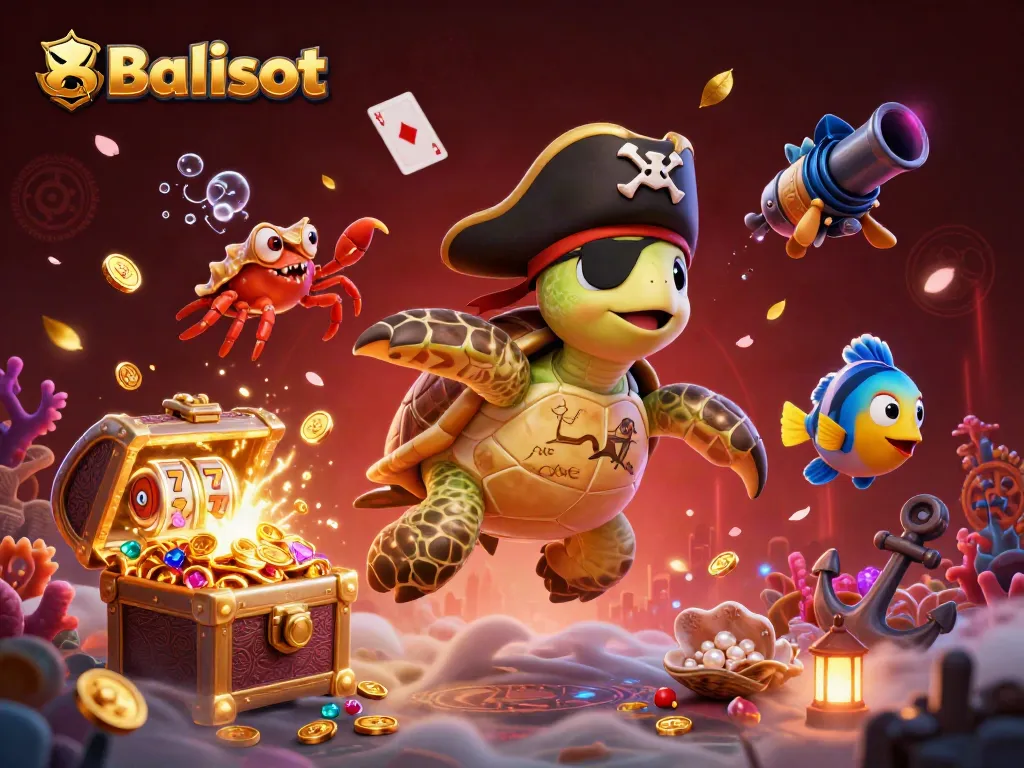 Engage in thrilling Balislot adventures with a pirate turtle, crab, and parrotfish amidst a vibrant casino-themed underwater scene.