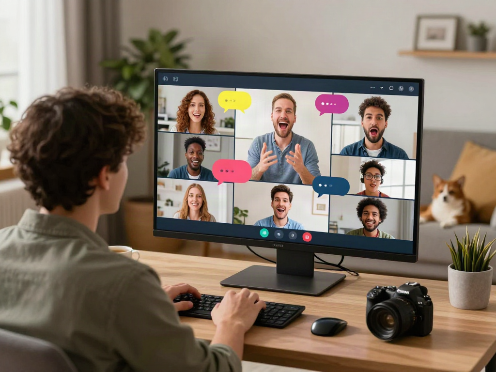 Engaging virtual sexchat interaction showcasing diverse users in a lively home setting with colorful chat bubbles.