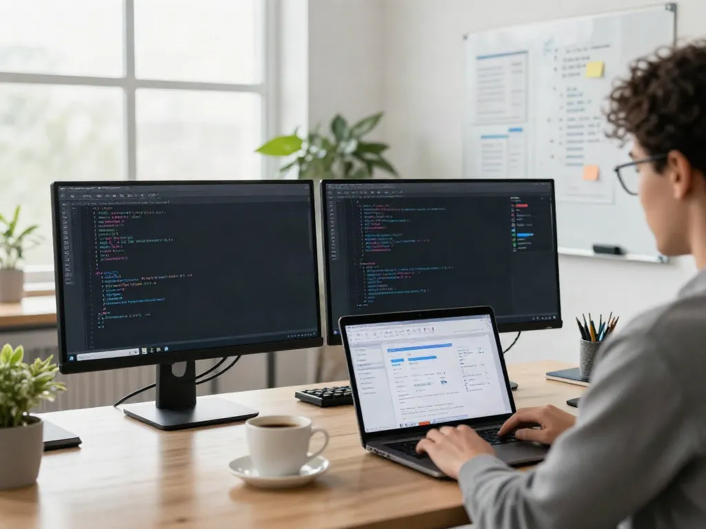 Dynamic tech workspace showing instant indexing analysis on dual monitors.