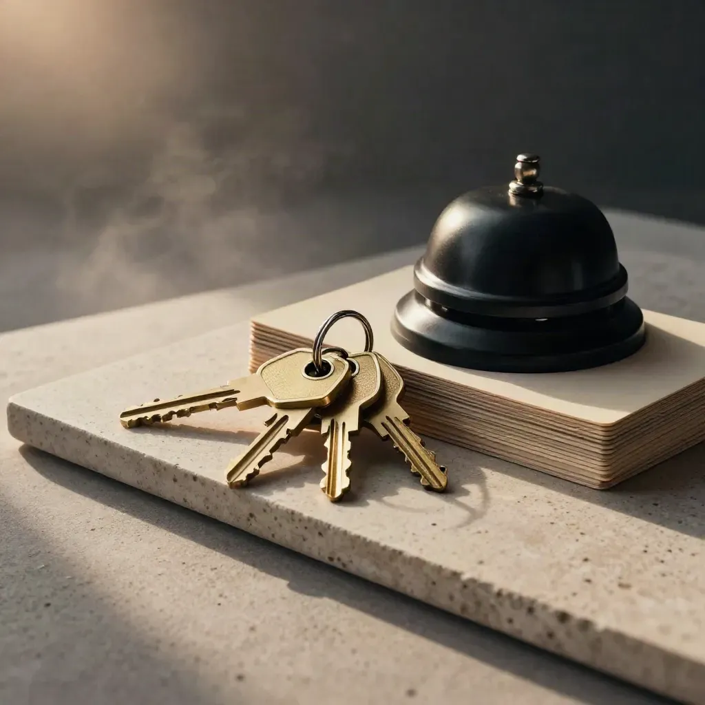 Brass hotel keys, leather fobs, service bell and card sleeves on pale stone at sunrise.
