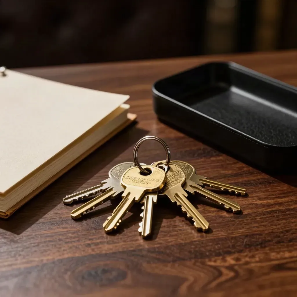 Brass hotel key fobs, closed ledger binder, and clip tray on dark walnut under dramatic light.