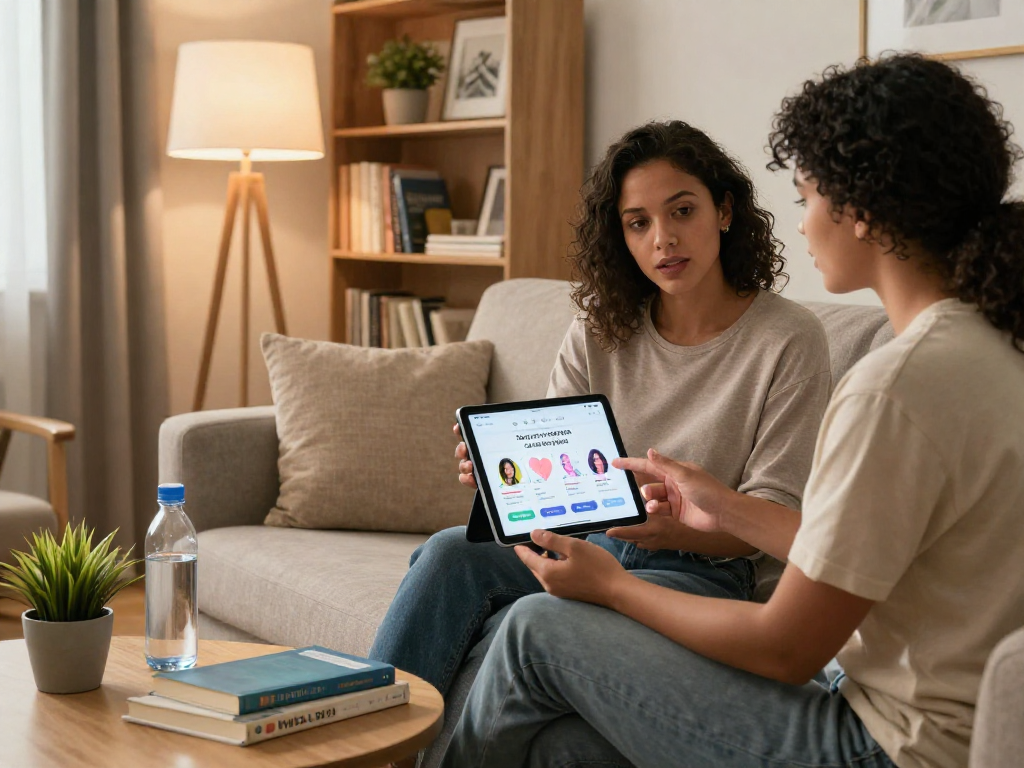Couple discussing sexual wellness with the sex ai app on a tablet in a cozy living room.