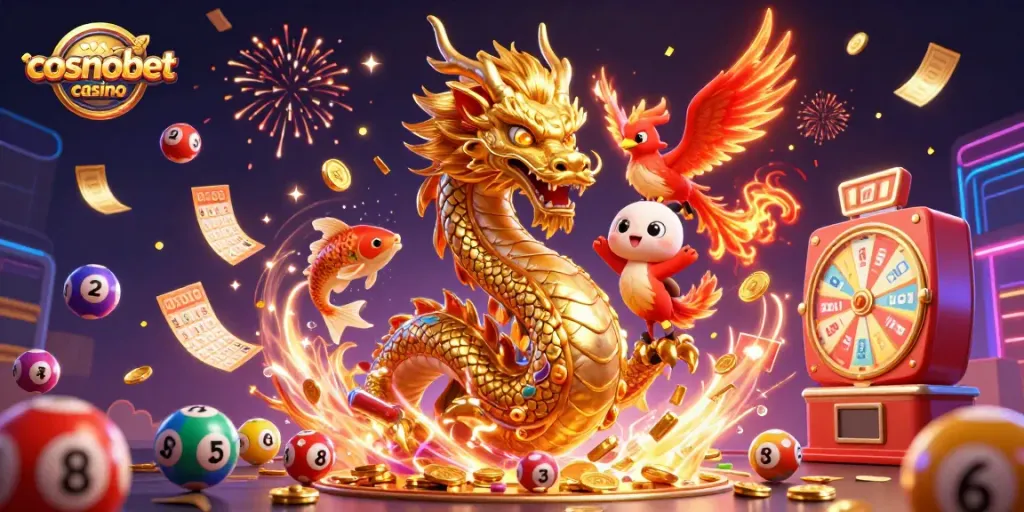 Experience the excitement of cosmobet casino with a dragon, phoenix, and koi amidst winnings.