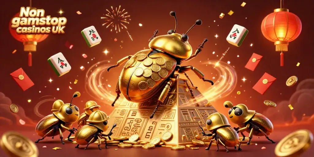 Explore Non gamstop casinos UK in a vibrant celebration of gaming elements, including gold coins and fireworks.