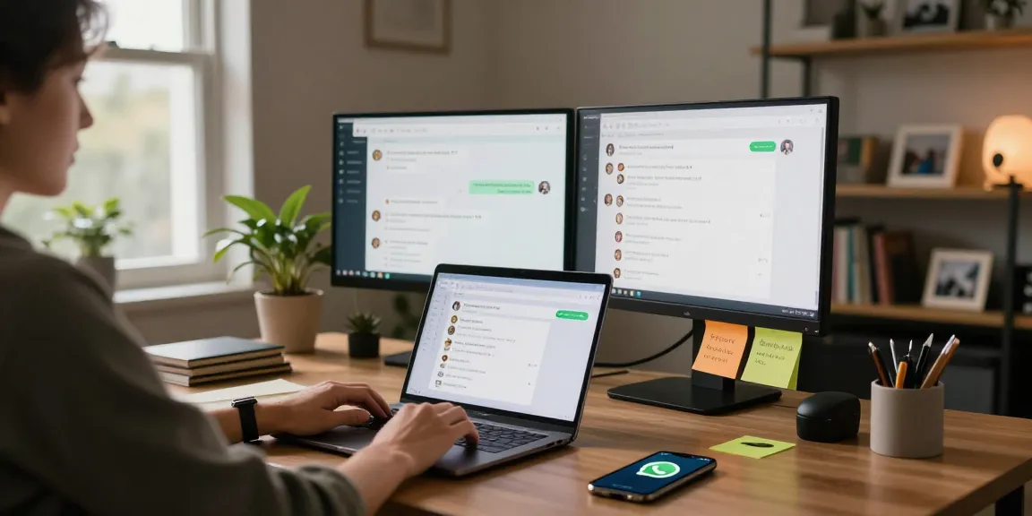 Using WhatsApp電腦版 on a laptop in a modern home office setting with productivity tools and warm lighting.