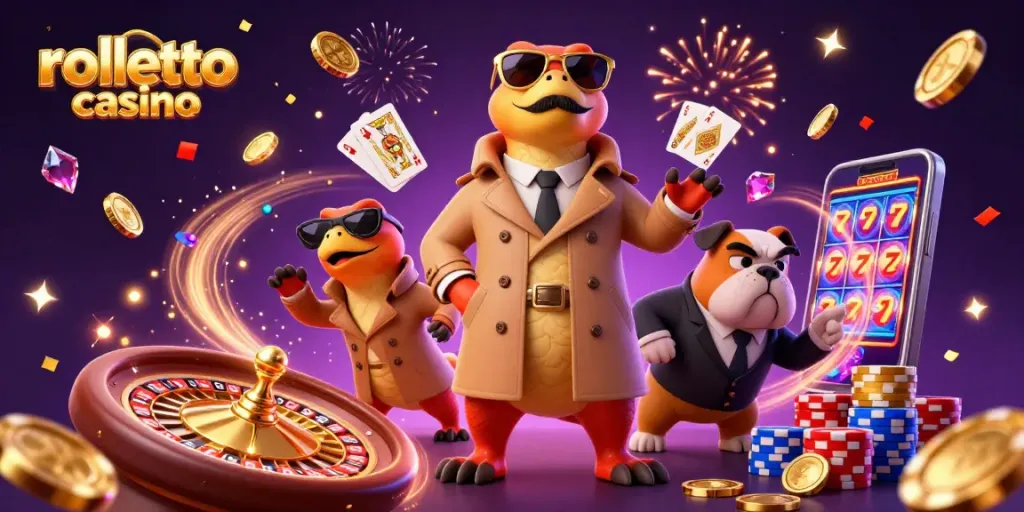 Experience the thrill of rolletto casino with raptors in a trench coat entering a VIP lounge amidst flying coins.