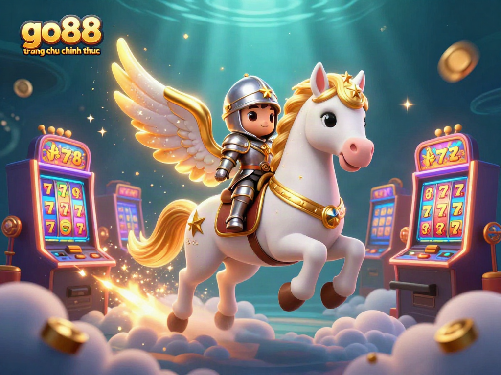 Experience the thrill of go88 trang chu chinh thuc as a knight explores vibrant slot machines and gaming adventures.