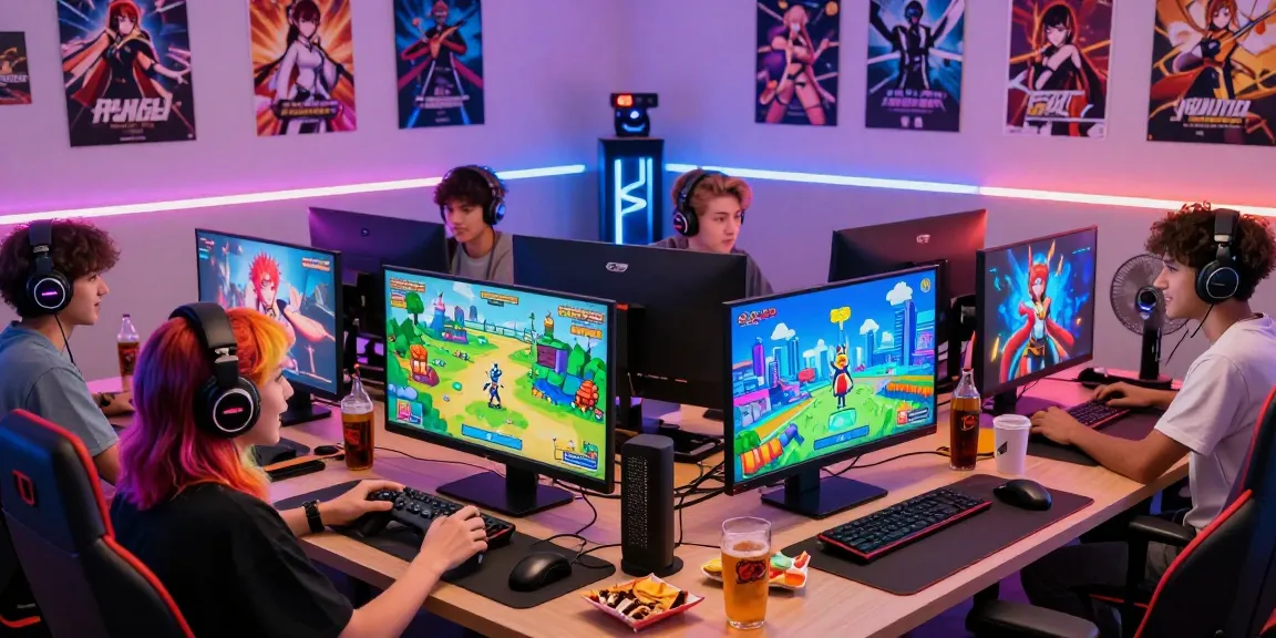 Exciting scene of friends playing colorful hentai games together in a cozy gaming den, showcasing diverse characters on multiple screens.