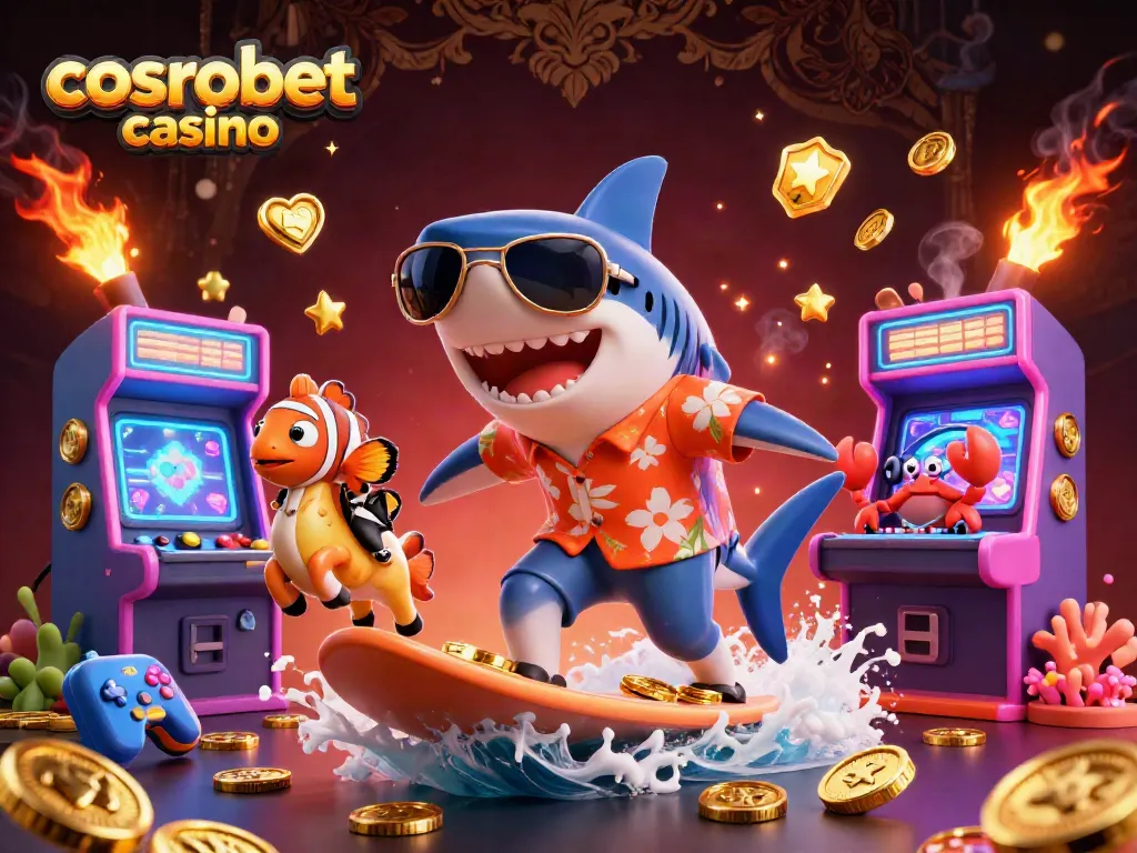 Experience the thrill of cosmobet casino with this vibrant 3D scene of a shark, clownfish, and crab!