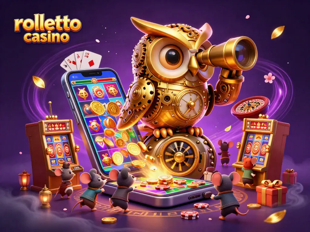 Experience rolletto casino's vibrant gaming scene with a massive clockwork owl surveying dynamic action and dazzling elements.