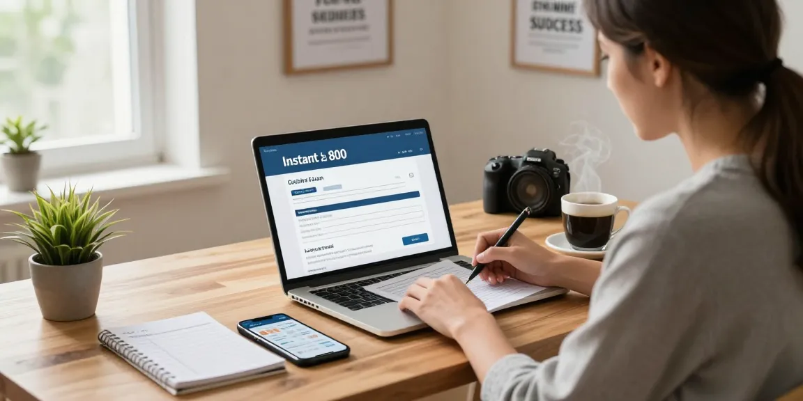 Person applying for an instant $800 loan in a cozy home office, surrounded by financial resources.