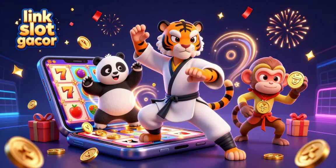 Engage with top gaming action featuring link slot gacor in a festive atmosphere with iconic slot elements.