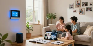 Family enjoying the best smart home gadgets 2026 in a cozy living room.