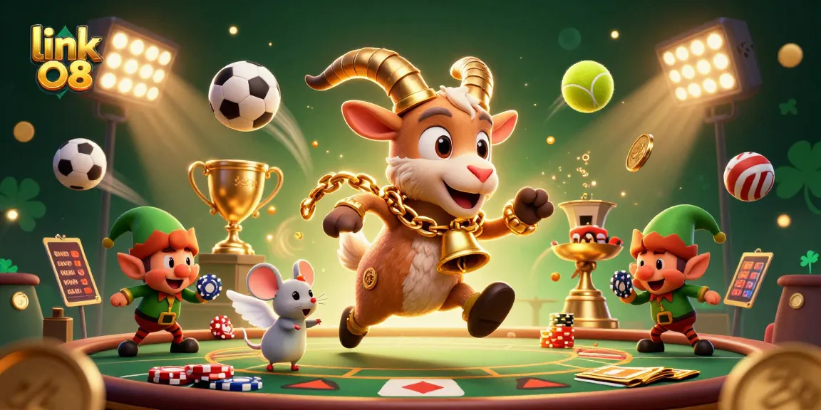 Win big at link O8 with energetic casino characters in a vibrant, festive scene filled with gaming action.