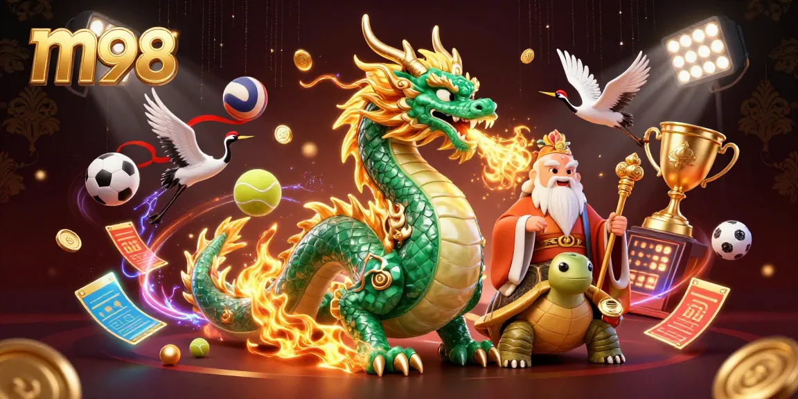 Bet on m98 with a dramatic illustration of a jade dragon, golden trophies, and exciting sports elements.
