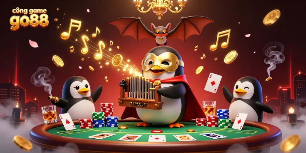 Experience the cổng game go88 with lively illustrations of gambling, featuring a penguin and poker elements.