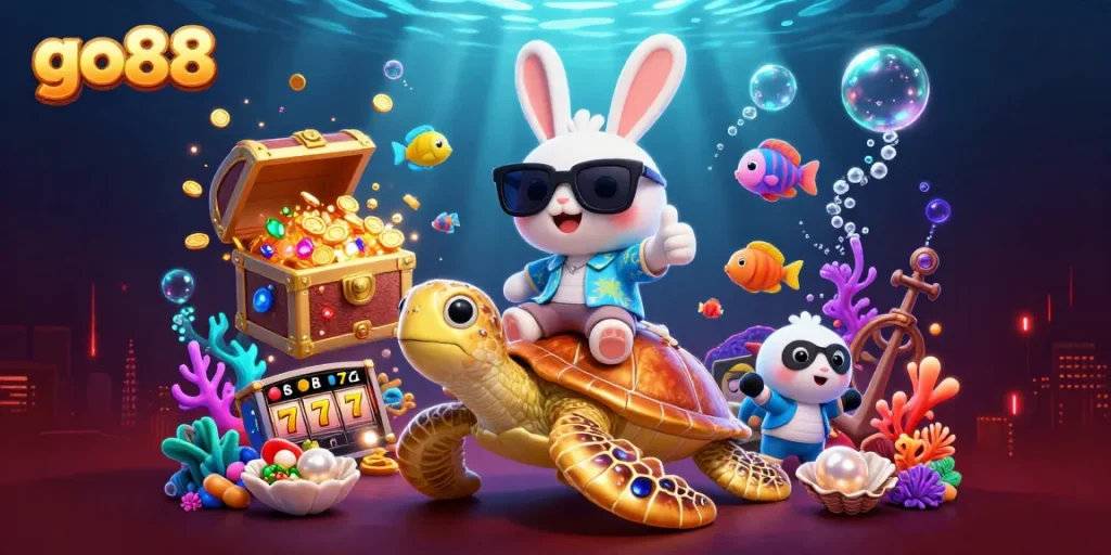 Engage with go88's thrilling gaming experience featuring a lucky rabbit and golden sea turtle.