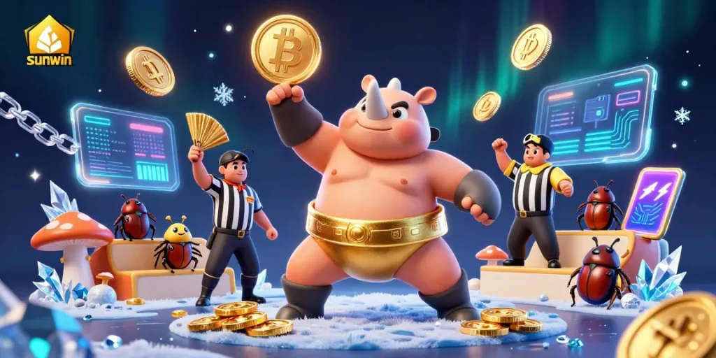 Experience thrilling gameplay at sunwin with a vibrant illustration of beetle champions and crypto elements.