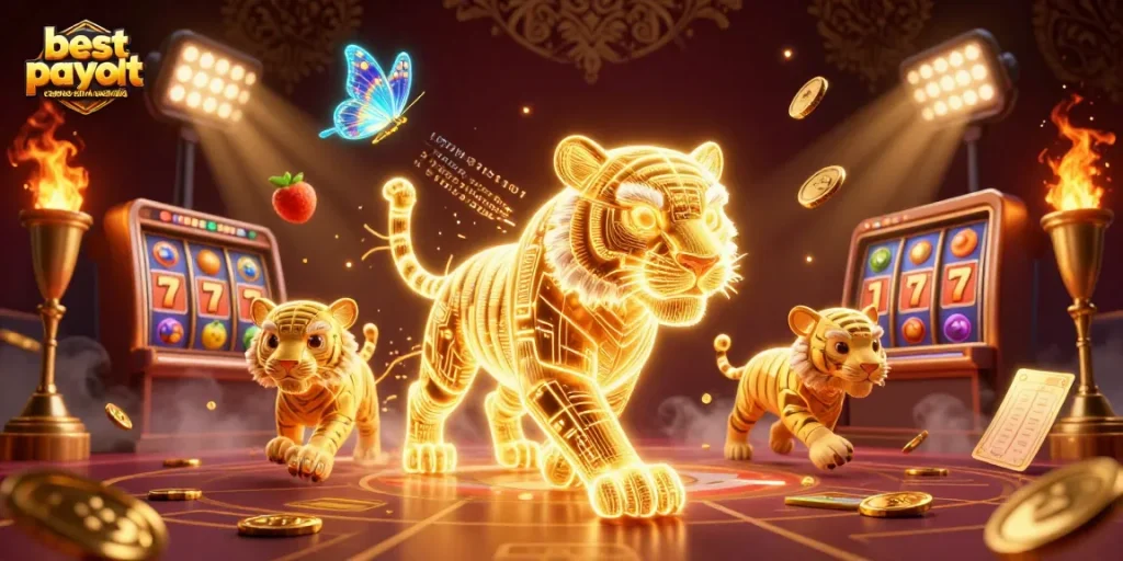 Experience the best payout casinos online Australia through a vibrant casino scene featuring a golden tiger and dynamic elements.