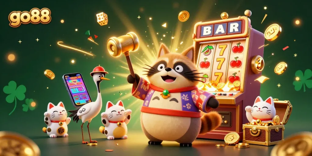 Spin to win with go88 at this vibrant casino illustration featuring cheerful characters and a jackpot explosion.